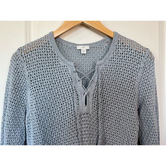 J Jill Sweater Womens Small Crochet Open Knit 100% Cotton Tassels Light Blue - Picture 3 of 9